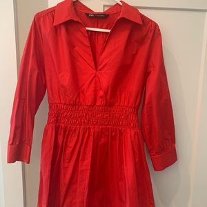 ZARA Red Poplin Long Sleeve Shirt Dress. Size M